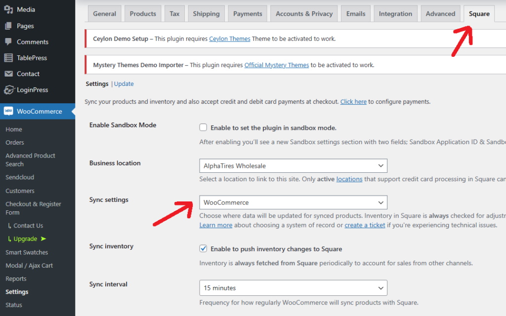 Square tab selected in WooCommerce settings