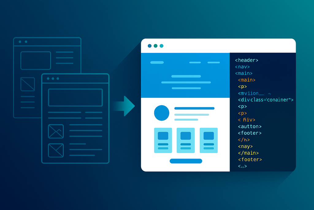 Visual showing wireframes transforming into a polished full-stack website with code editor overlay, using BrandableGroup’s blue and teal color palette.